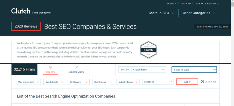 Clutch rankings of the best SEO companies & services.