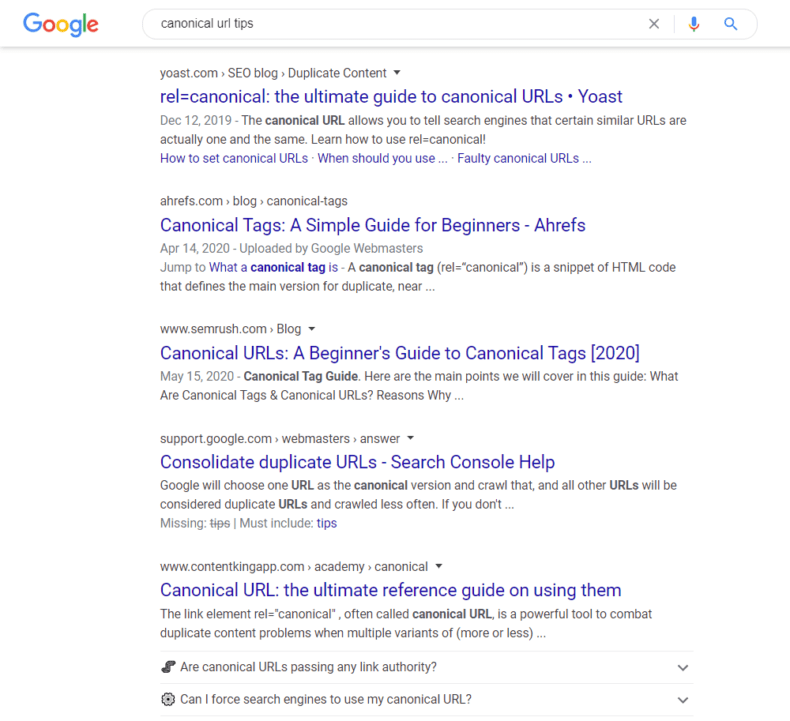 Google search engine results page for the query "canonical URL tips."