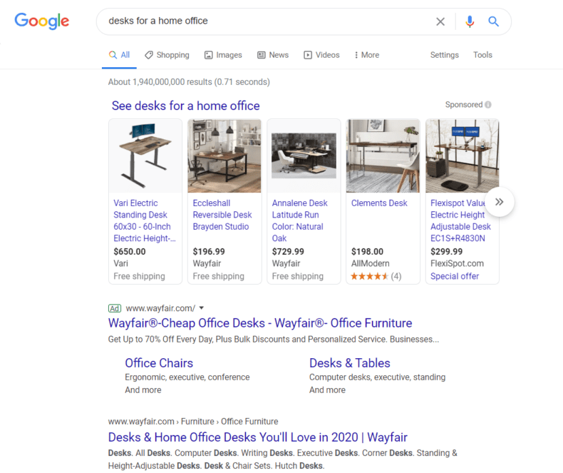 A Google search engine results page for the query "desks for home office."