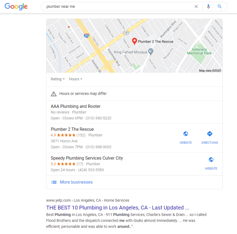 Google search results page for "plumber near me."