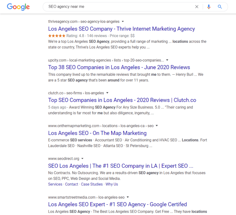 Google search engine results page for the query "SEO agency near me."