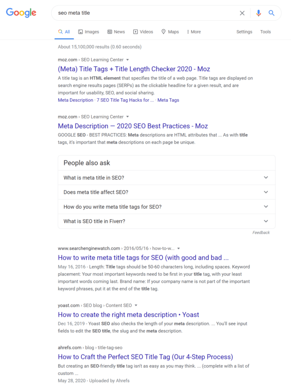 Google search engine results page for the query "seo meta title."