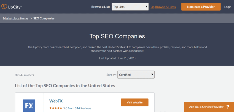 The best SEO companies list from Upcity.