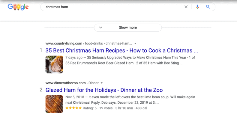 A rich snippet for the search "Christmas ham."