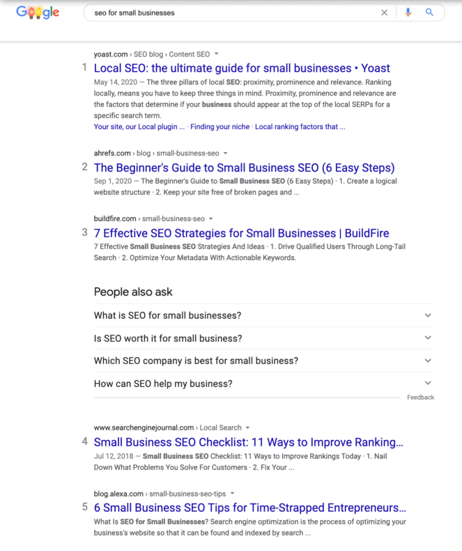 A search engine results page for "small business SEO."