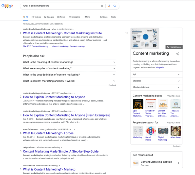 A search engine results page for "what is content marketing?"