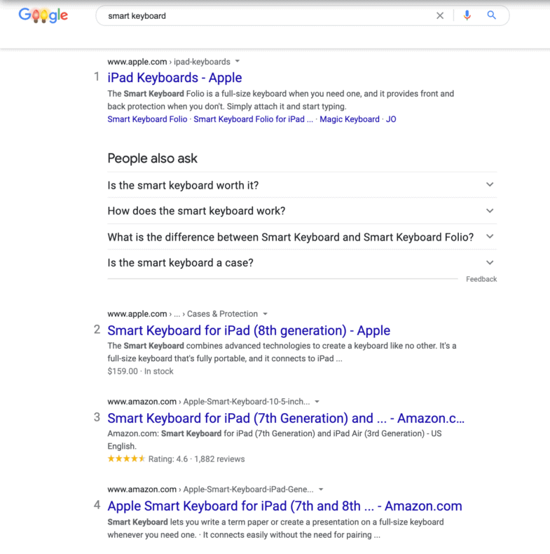 Ecommerce SERP for "smart keyboard."
