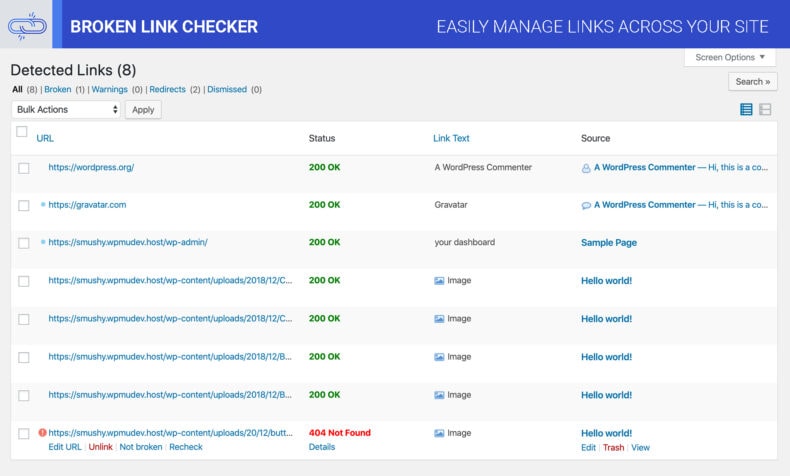 Screenshot of WordPress SEO plugin for checking broken links.