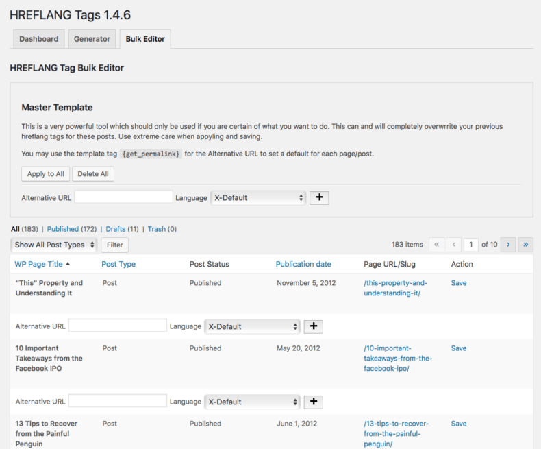 Dashboard of WordPress SEO plugin for administering hreflang tag.