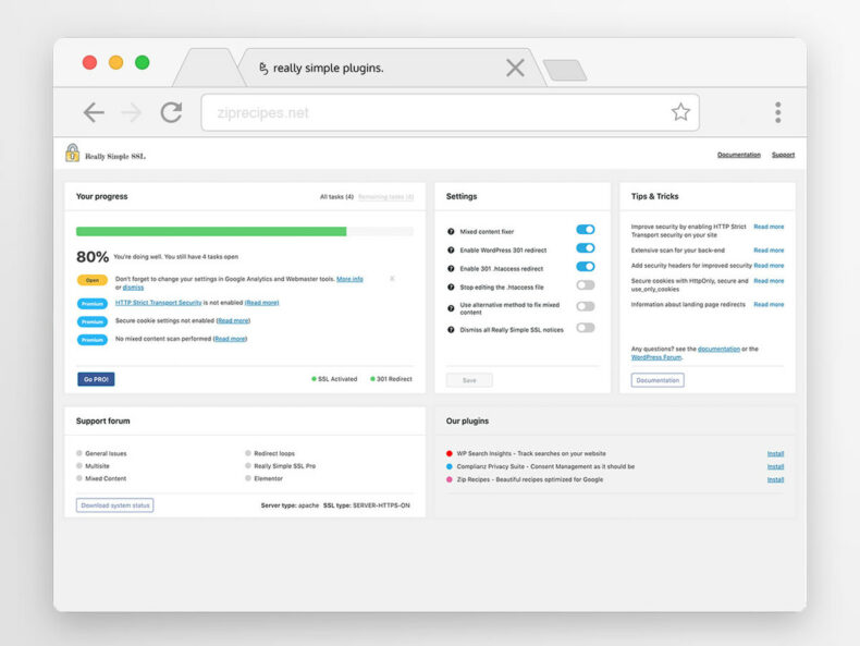 A screenshot of the Really Simple SSL dashboard.