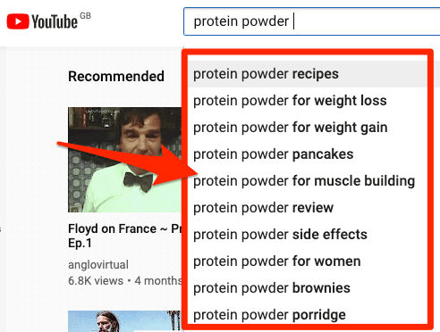 The YouTube autosuggest search bar being used for social media SEO.