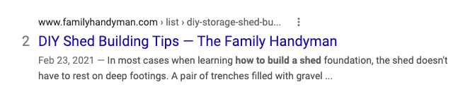 A SERP listing for SEO content about how to build a shed.