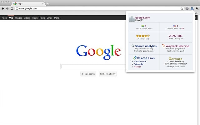 A screenshot showing how the Alexa Traffic Rank SEO toolbar for Chrome functions.