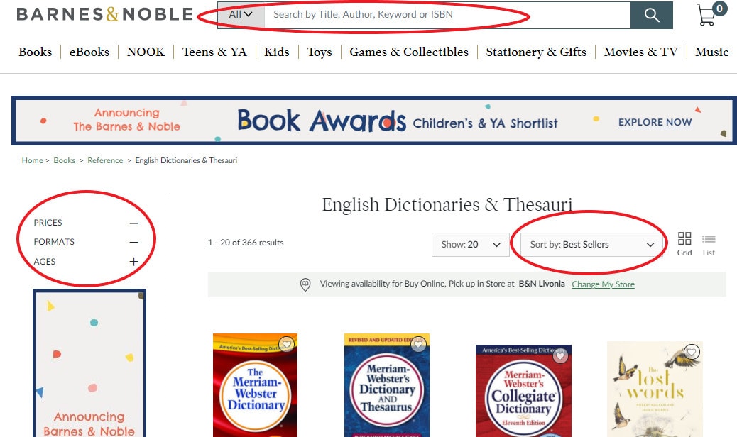 The Barnes n Noble website showing dictionaries for sale.