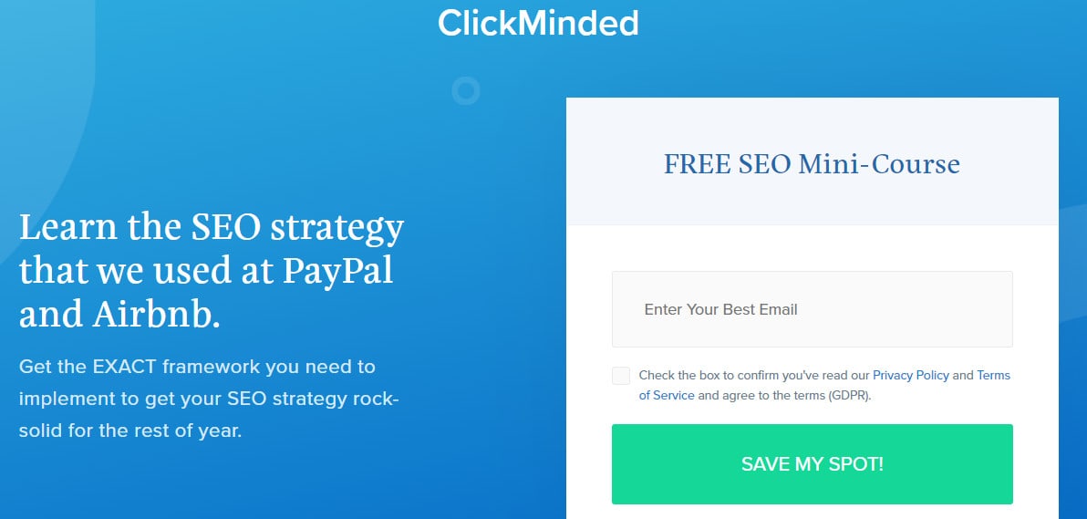 Screenshot of the Clickminded SEO course landing page.