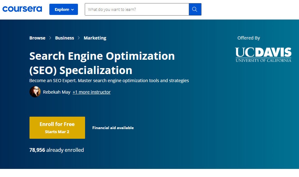 Screenshot of the Coursera SEO course product page.