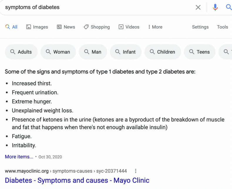 A featured snippet list for symptoms of diabetes.