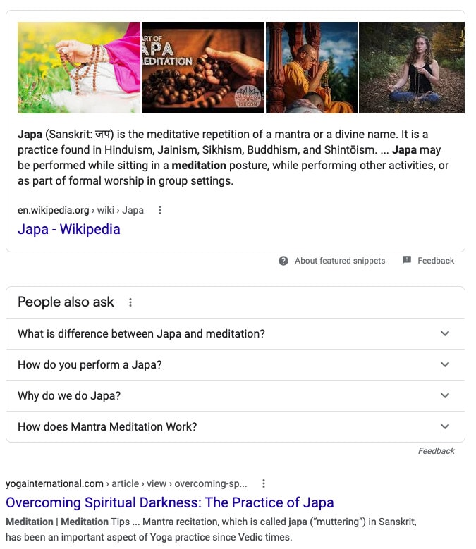 A featured snippet for the search term "Japa Meditation."