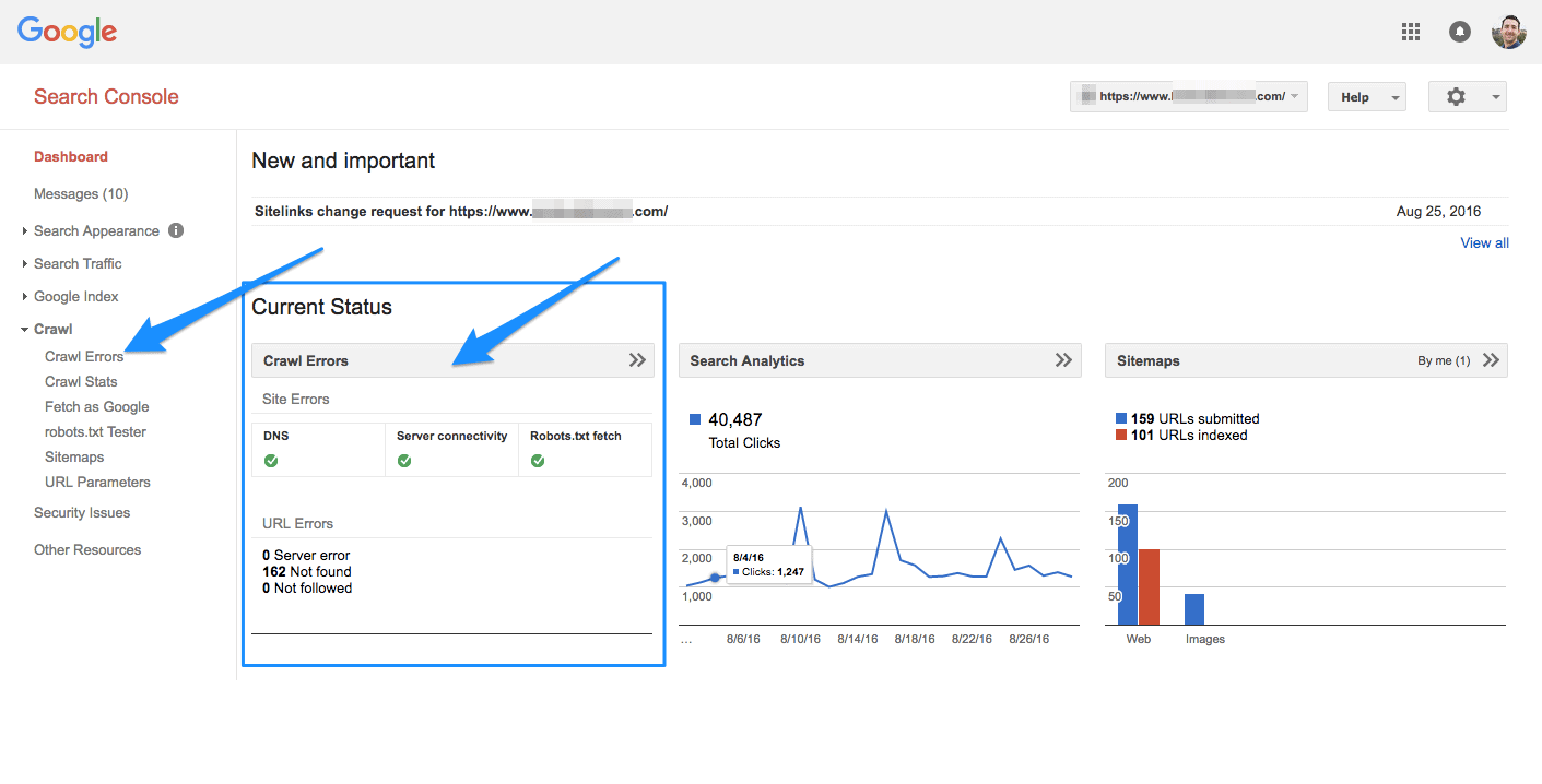 A screenshot of the Google Search Console dashboard showing the SEO metric crawl errors.