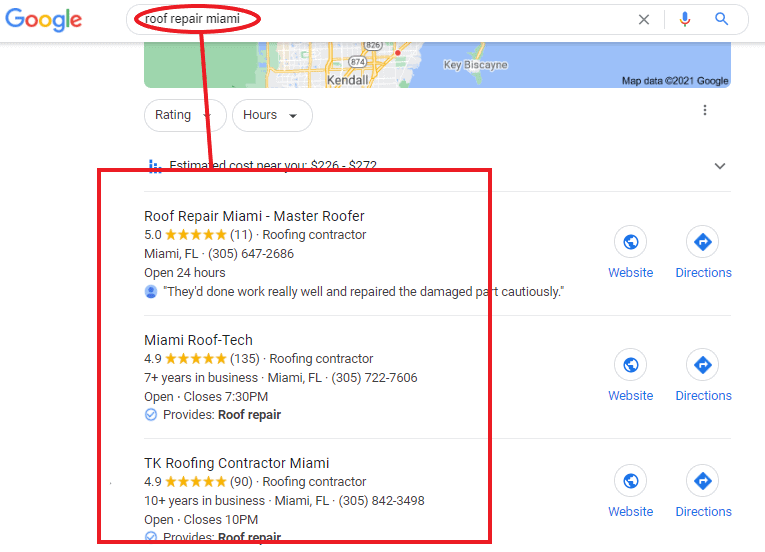 A SERP for the search term "roof repair Miami."