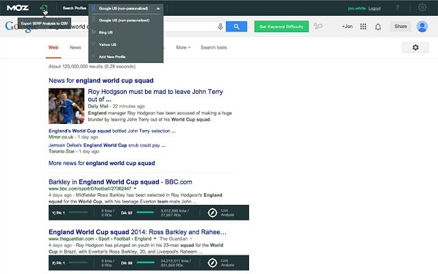 A screenshot showing how the Mozbar SEO toolbar for Chrome works. 