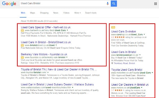 A SERP showing placements for SEO vs SEM. 