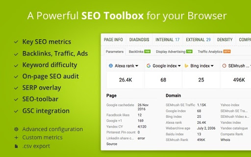 A screenshot of the SEO Quake toolbar for Chrome.