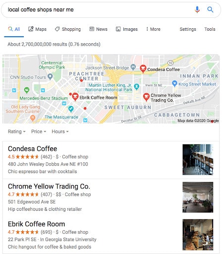 Local Google snack pack search results that show reviews for coffee shops.