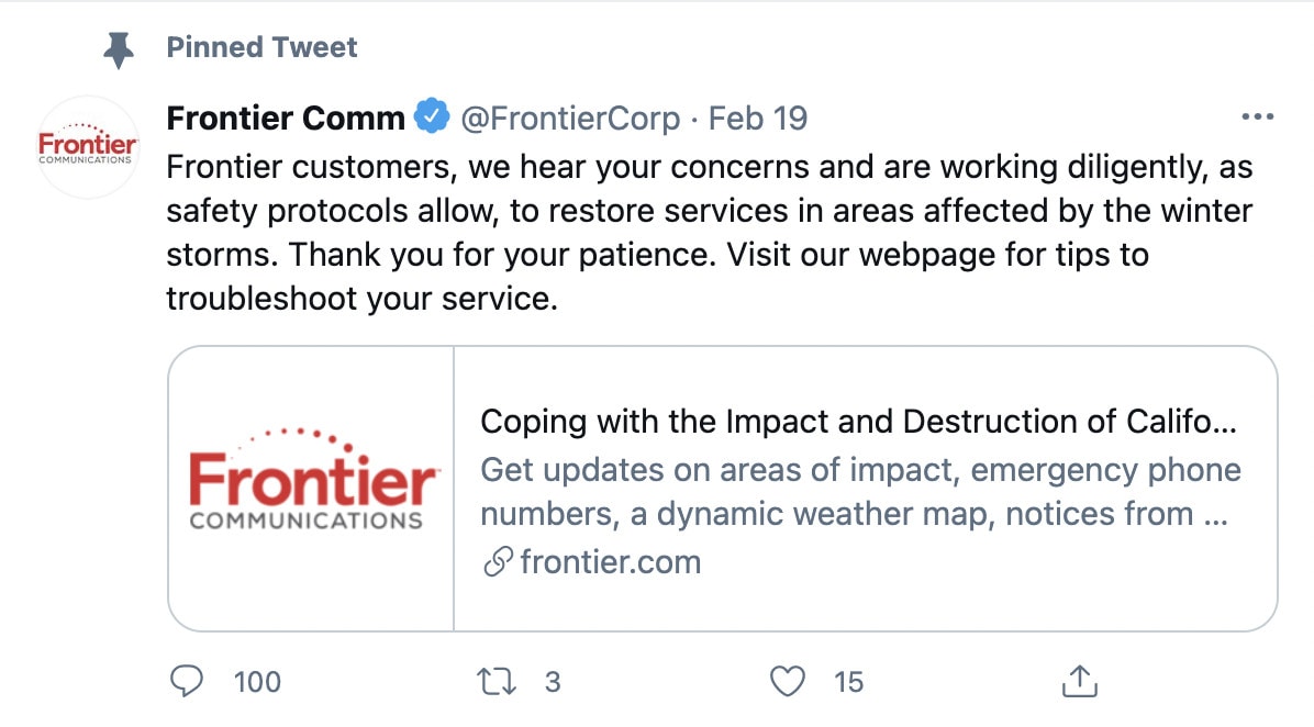 A tweet from Frontier Comm which uses twitter for customer service.