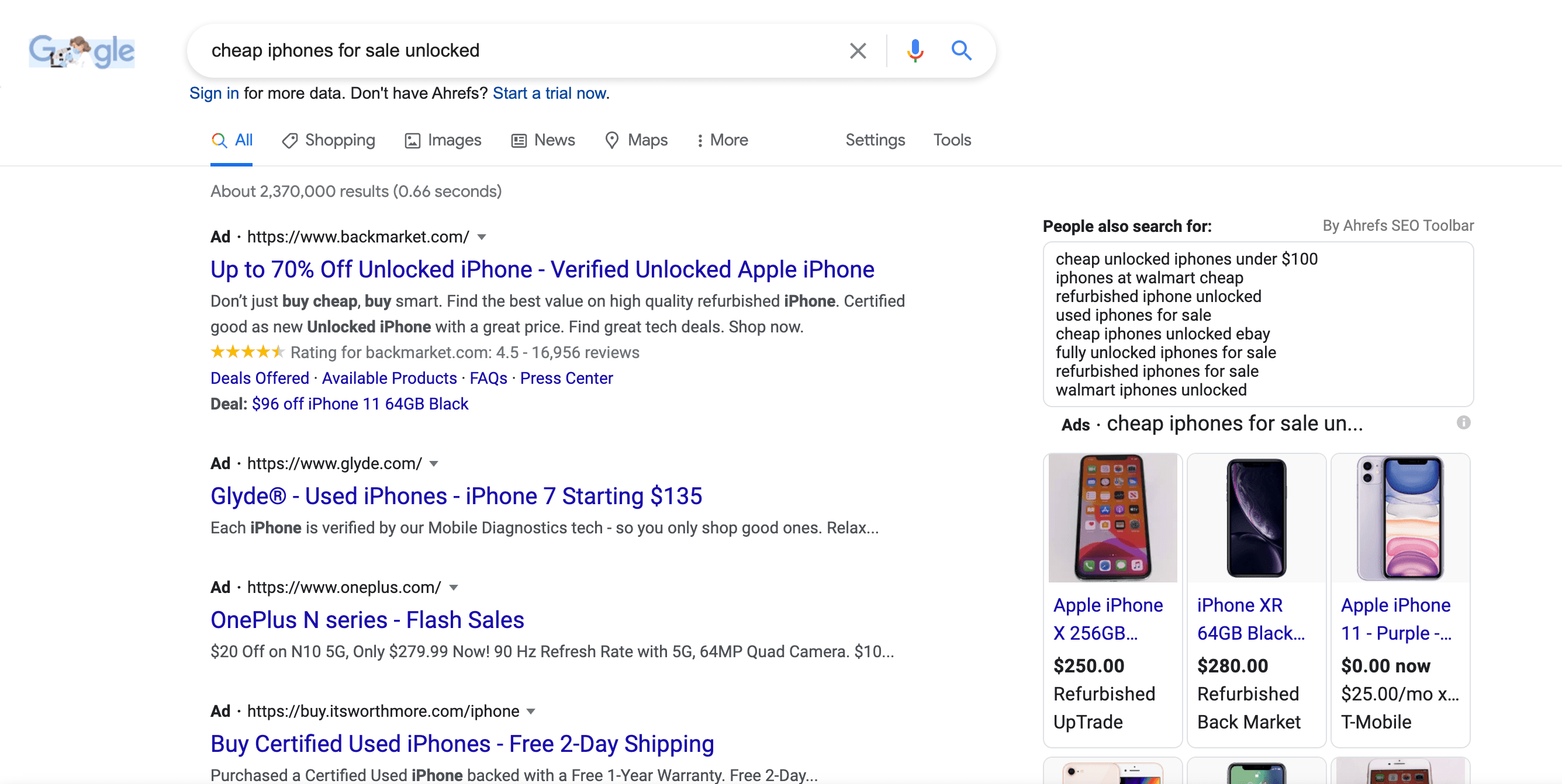 A SERP for the term "cheap iphones for sale."