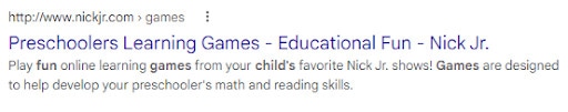 A meta description from Nickelodeon that doesn't repeat the content of the meta title. 