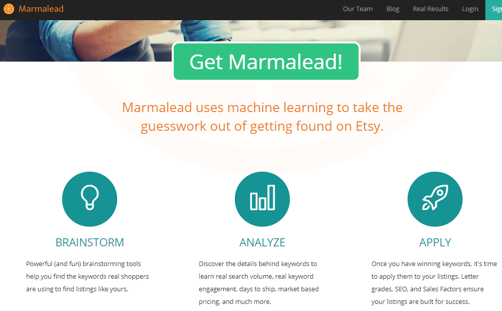 A screenshot of the Etsy keyword tool Marmalead.