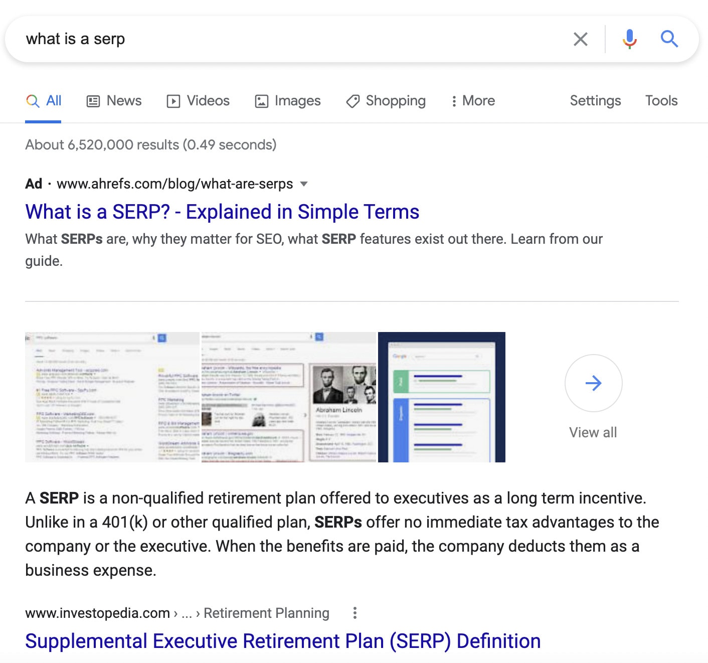 A featured snippet on the SERP for "what is a SERP?"