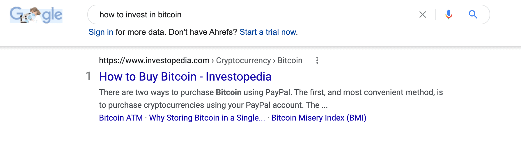 A SERP for the term "how to invest in bitcoin."