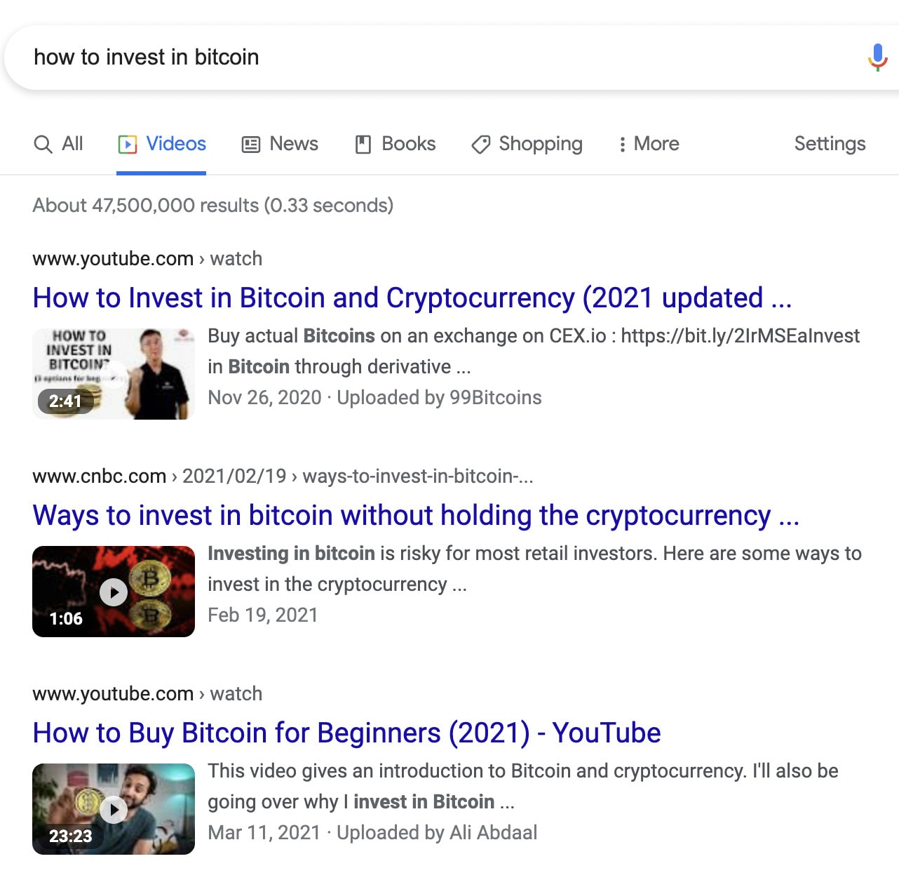 Video results on a SERP for "how to invest in bitcoin."