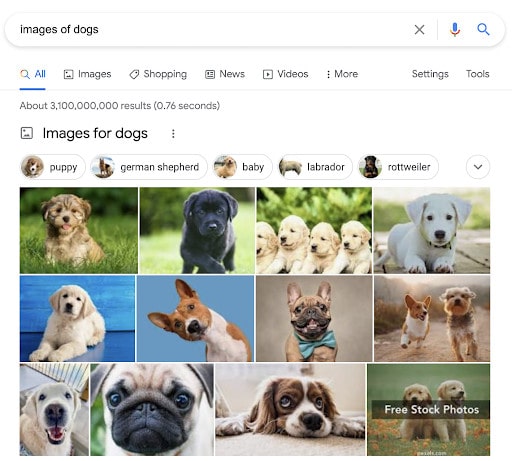 An example of an image pack on a SERP for "images of dogs."