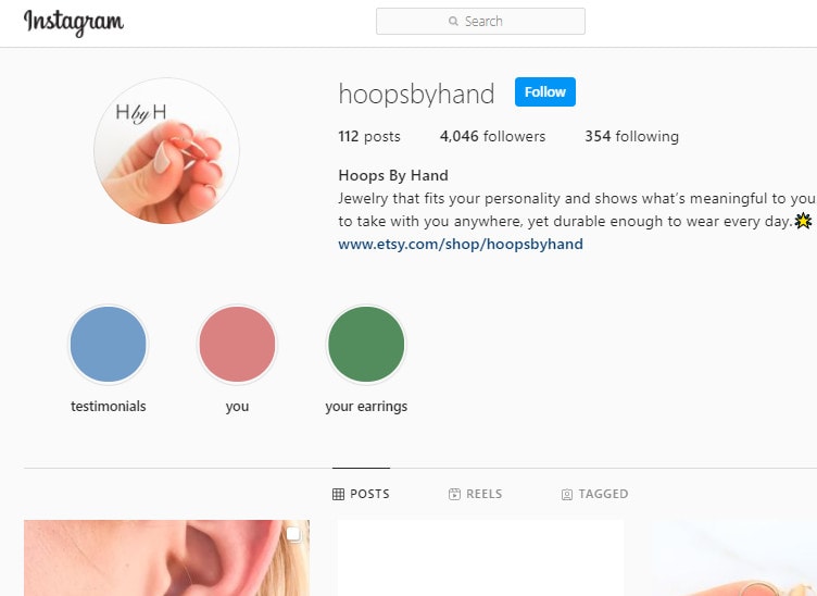 The Hoops By Hand Instagram account, which the company can use to generate backlinks.