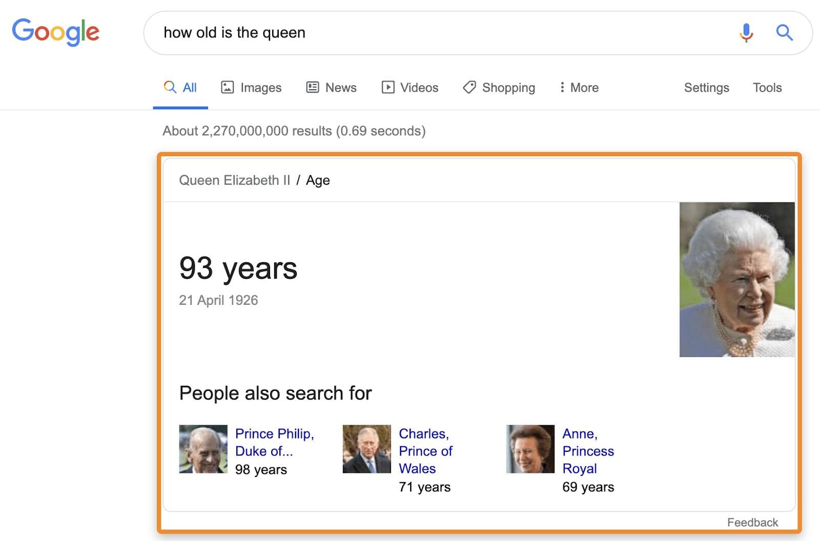 A knowledge card example for the query "how old is the queen?"