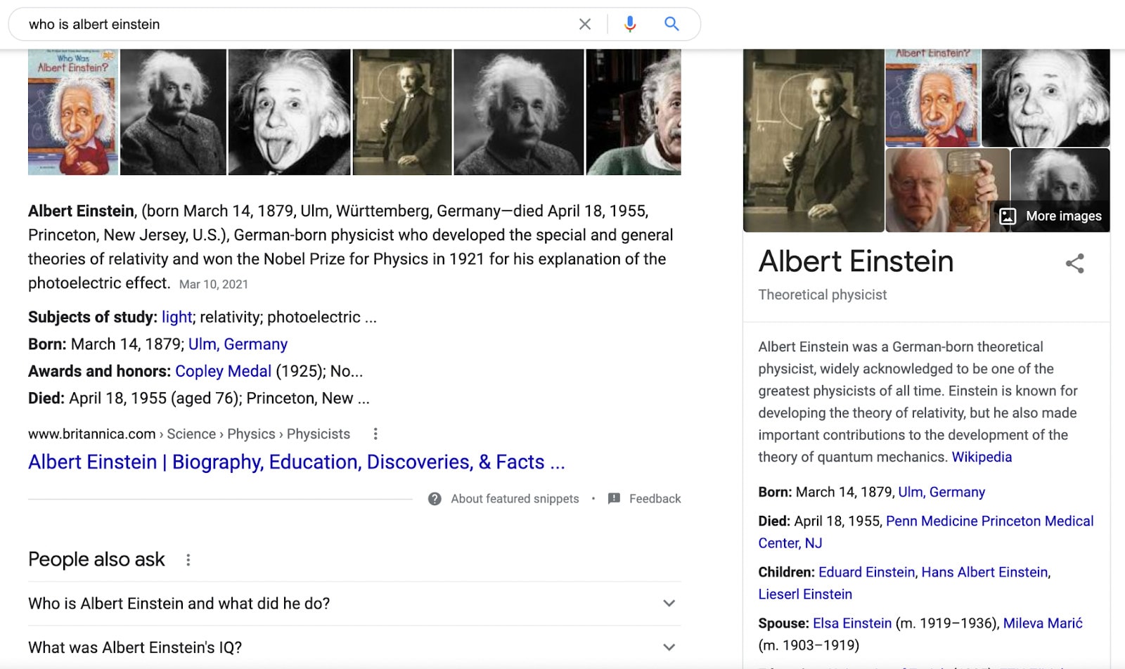 A knowledge graph example on a SERP for the query "Albert Einstein."