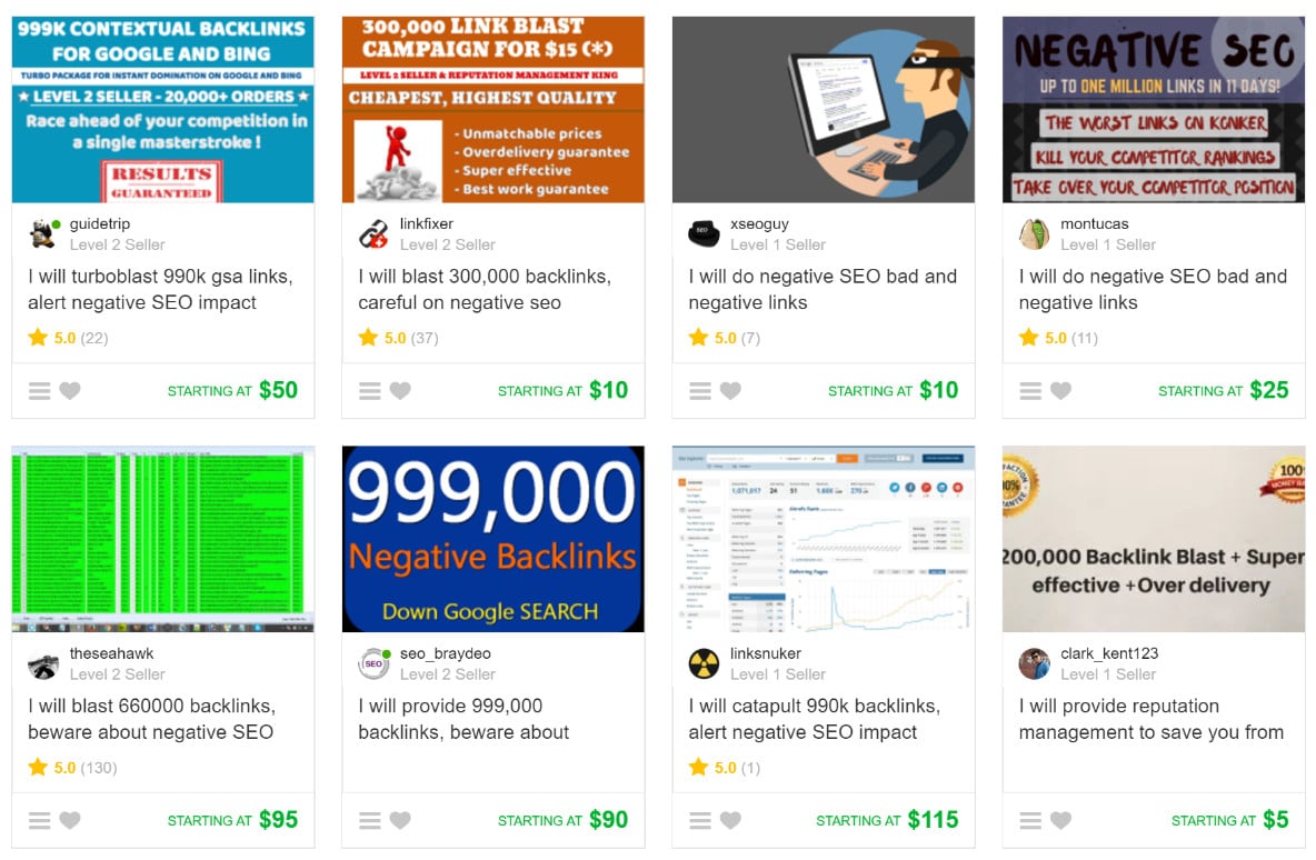 Negative SEO services available on an internet job board. 