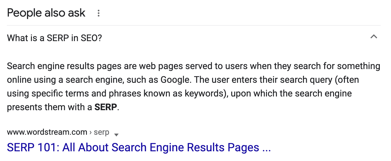 A featured snippet for the search term "what is a SERP in SEO?"