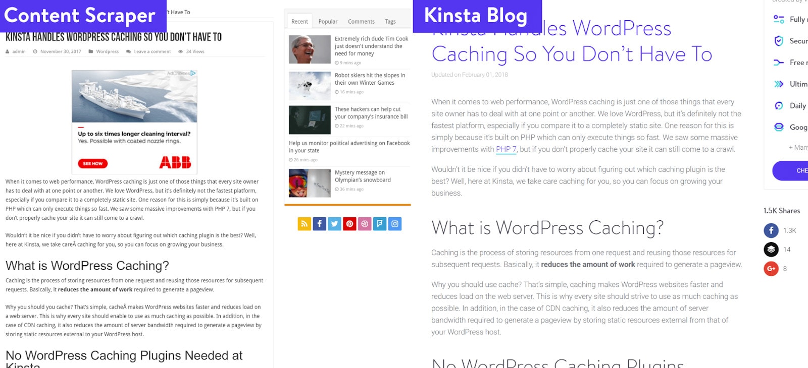 An example of what scraped content looks like on two separate websites.