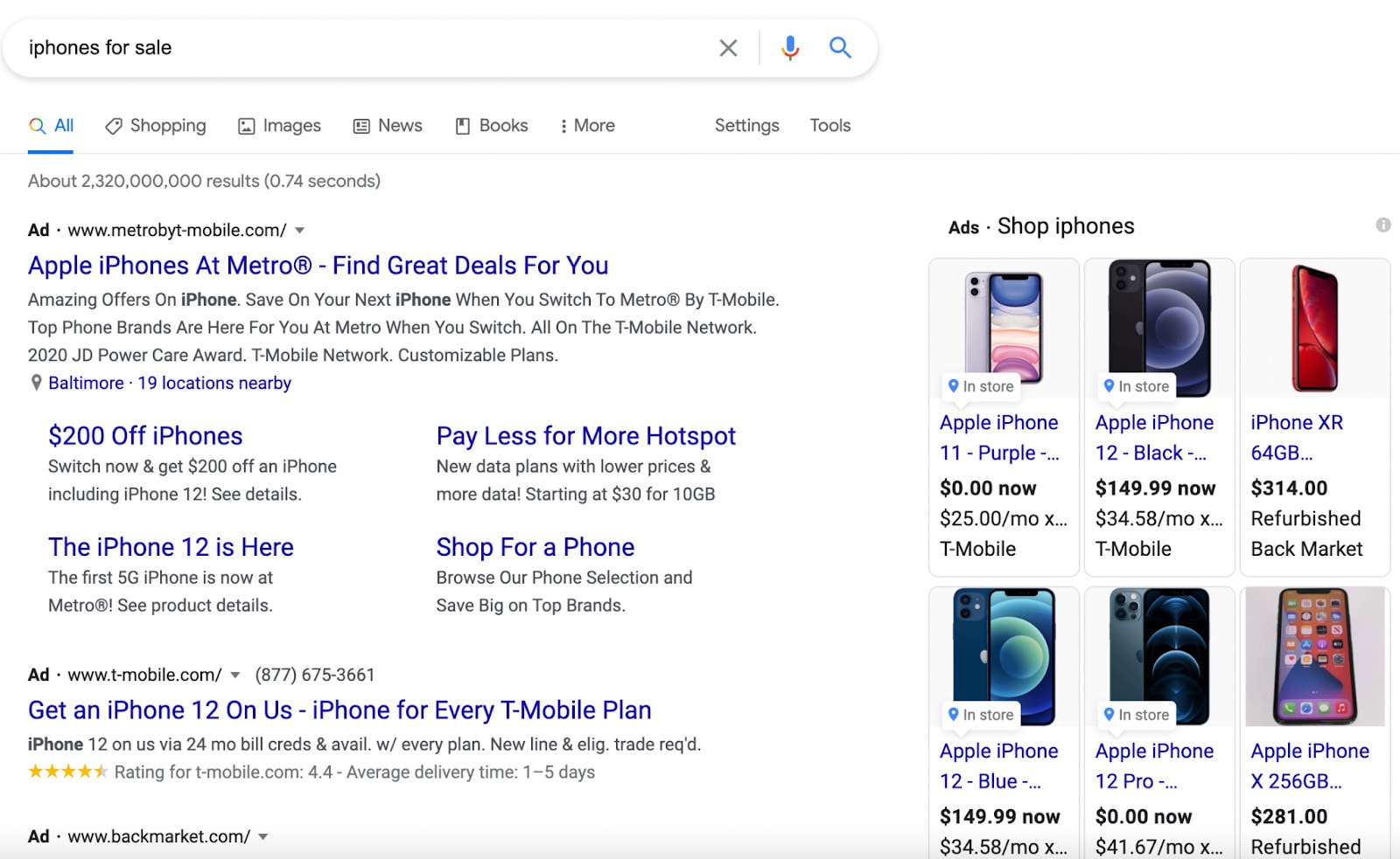 Search ads on the SERP for the query "iphones for sale."