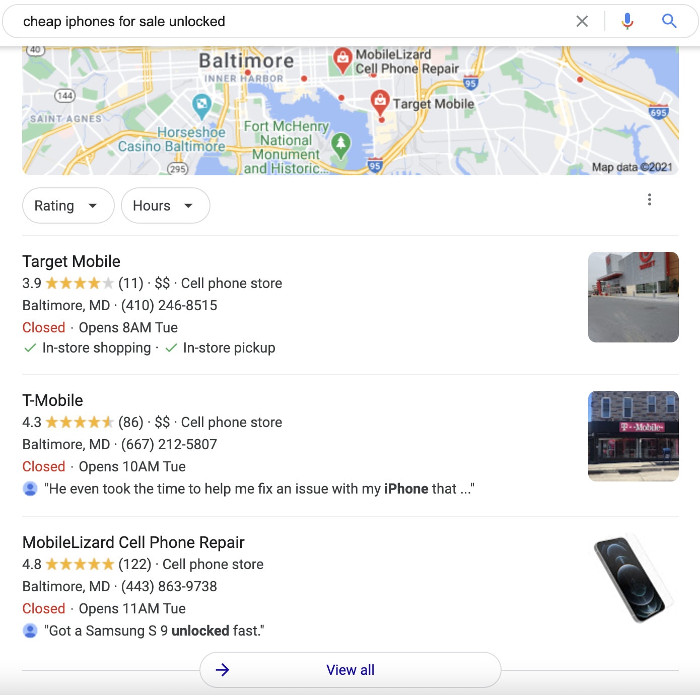 A SERP for the local search term "iphones unlocked near me."