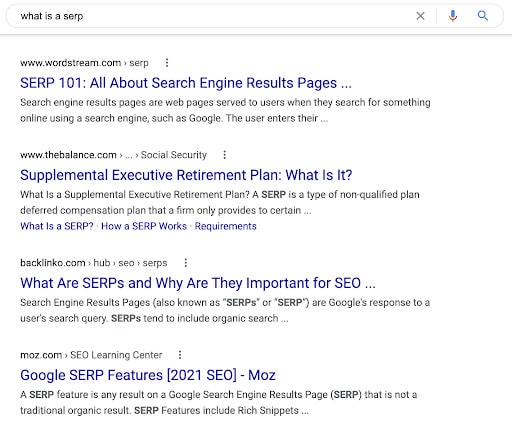 A SERP for the search term "what is a SERP?"