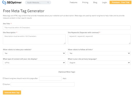 A screenshot of the SEOptimer tool for creating meta descriptions.