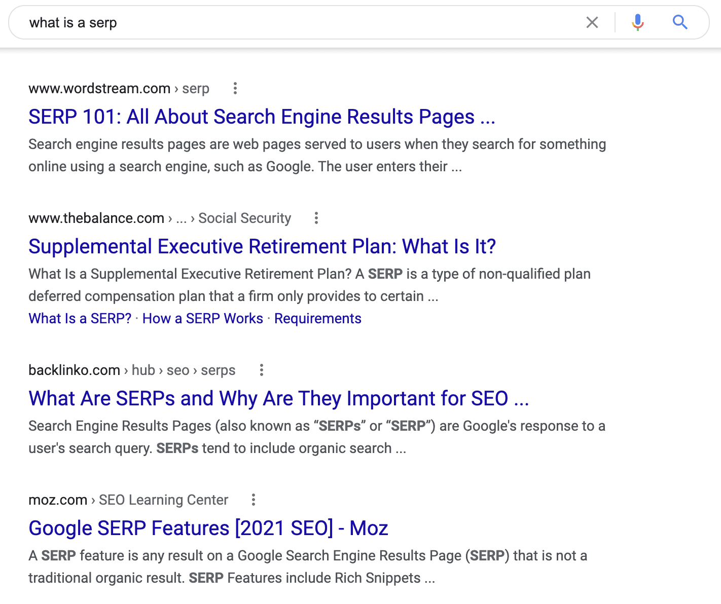 A search engine results page for the search term "what is a SERP?"