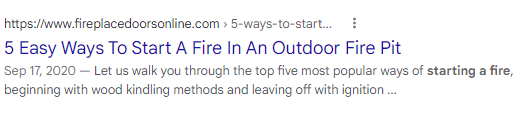 Example of a truncated meta description for the result "5 easy ways to start a fire in an outdoor fire pit."