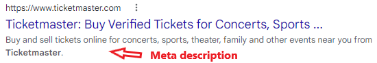 A meta description example on a search engine results page from Ticketmaster.