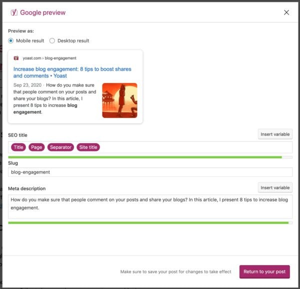 A screenshot of the Yoast meta description editor.